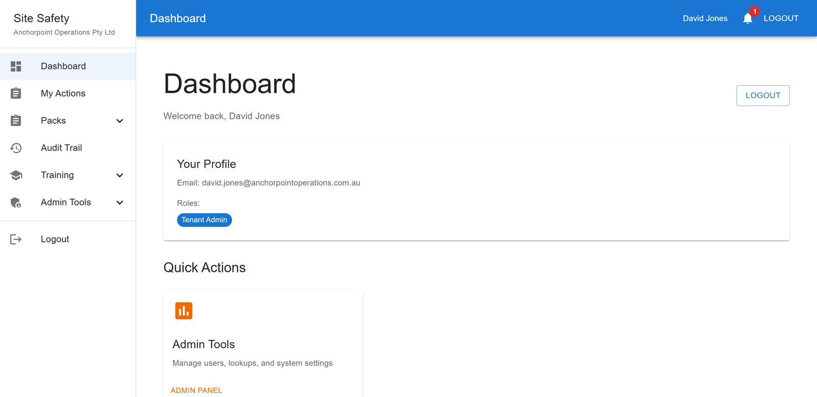 Site Safety dashboard showing role-based access and quick actions